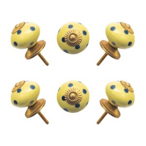 Yellow & Blue Polka Dot Ceramic Knobs with Antique Brass Accents (Set of 6) - 1.5 Inch - CDNY