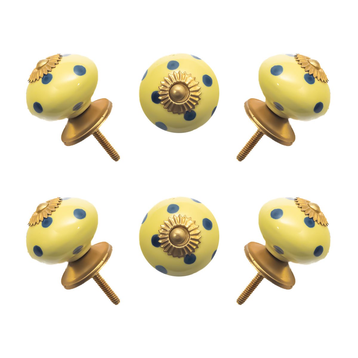 Yellow & Blue Polka Dot Ceramic Knobs with Antique Brass Accents (Set of 6) – 1.5 Inch – CDNY