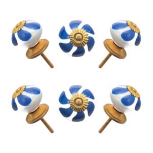 Hand-Painted Blue Leaf & White Ceramic Knobs with Antique Brass Accents (Set of 6) - 1.5 Inch - CDNY