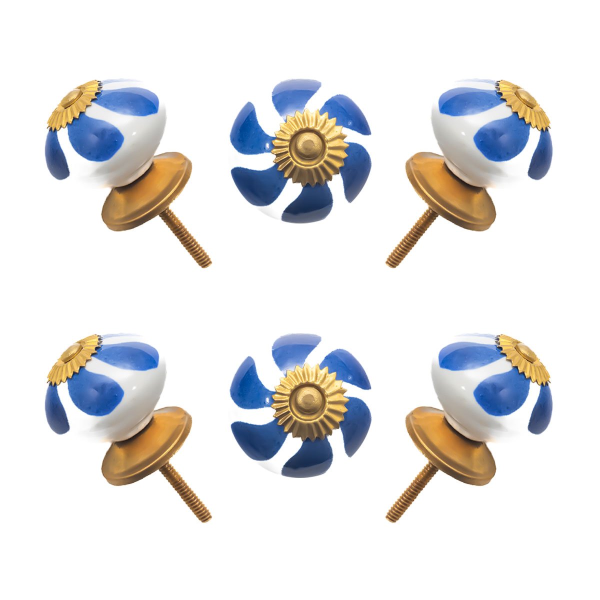 Hand-Painted Blue Leaf & White Ceramic Knobs with Antique Brass Accents (Set of 6) – 1.5 Inch – CDNY