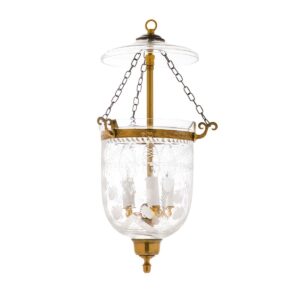 CDNY SM. TULIP LANTERN: Etched Glass Hanging Chandelier with Antique Brass Finish 7"DIA, H19", Jar 10.5"