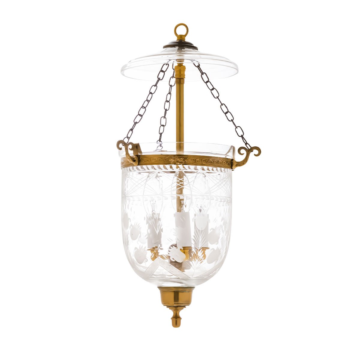 CDNY SM. TULIP LANTERN: Etched Glass Hanging Chandelier with Antique Brass Finish 7″DIA, H19″, Jar 10.5″