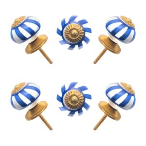 White Ceramic Knobs with Blue Swirl Line (Pack of 6) - 1.75 Inch Furniture Pulls by CDNY