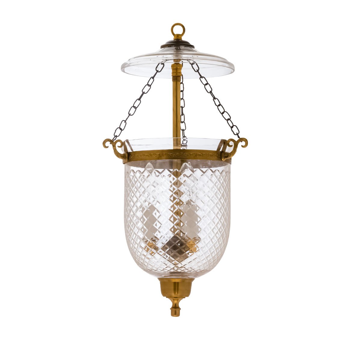 CDNY SM. DIAMONDCUT LANTERN: Exquisite Diamond Cut Glass Hanging Chandelier with Antique Brass Finish, 7″DIA, H19″, Jar 10.5″