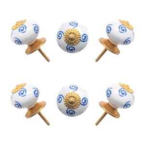 Elegant White Ceramic Ball Knobs with Blue Swirls (Pack of 6) - Artistic & Easy Install for Cabinets & Drawers