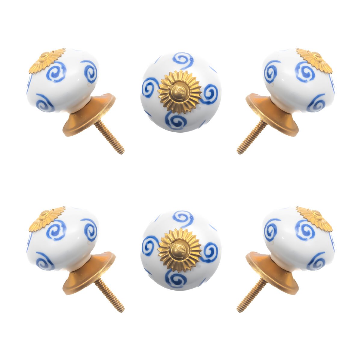 Elegant White Ceramic Ball Knobs with Blue Swirls (Pack of 6) – Artistic & Easy Install for Cabinets & Drawers