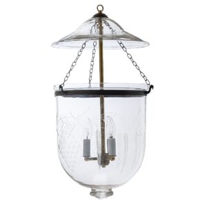 CDNY LARGE GRAPES LANTERN: Etched Glass Hanging Chandelier with Antique Brass Finish, H 26", 12" DIA, 15" JAR