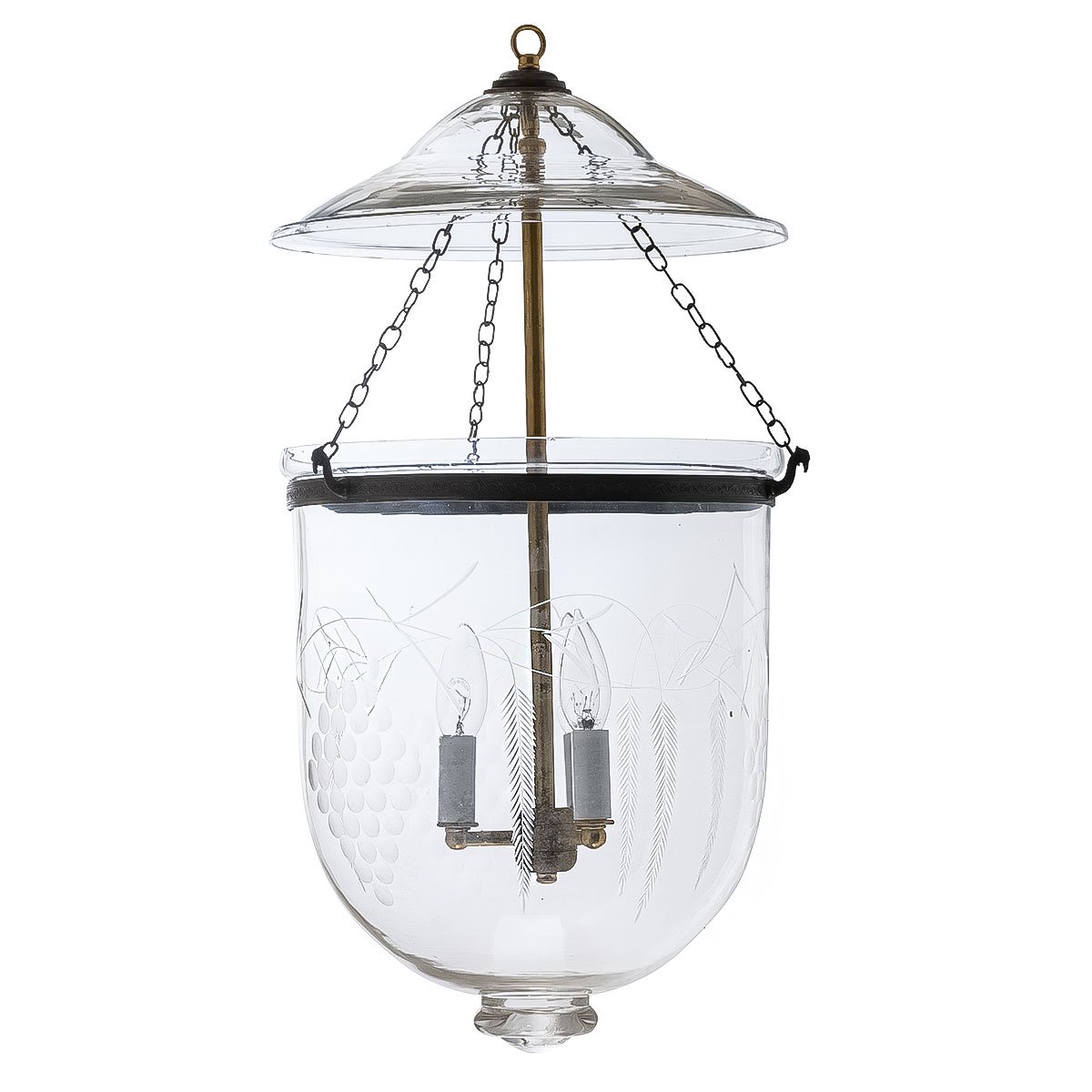 CDNY LARGE GRAPES LANTERN: Etched Glass Hanging Chandelier with Antique Brass Finish, H 26″, 12″ DIA, 15″ JAR