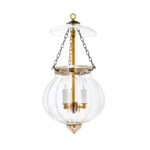 CDNY MEDIUM MELON LANTERN: Elegant Fluted Glass Hanging Chandelier with Antique Brass Finish, 9"DIA, H21", Jar 13"