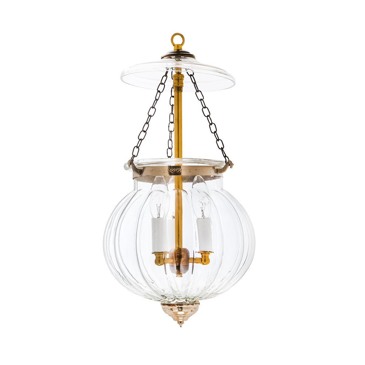 CDNY MEDIUM MELON LANTERN: Elegant Fluted Glass Hanging Chandelier with Antique Brass Finish, 9″DIA, H21″, Jar 13″