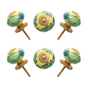 Vibrant Yellow & Green Floral Ceramic Cabinet Knobs (Pack of 6) - Hand-Painted & Easy Install for Dressers & Drawers