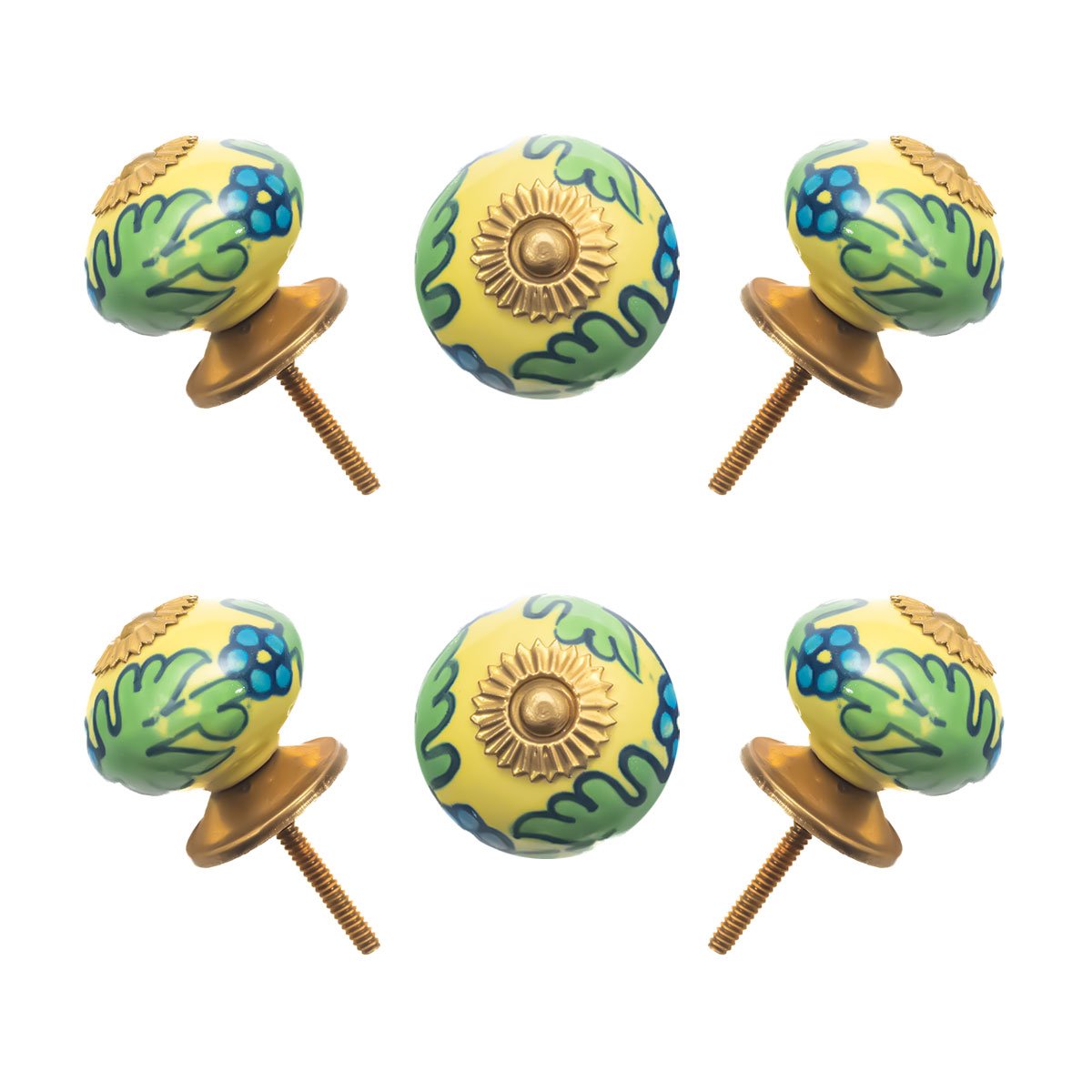 Vibrant Yellow & Green Floral Ceramic Cabinet Knobs (Pack of 6) – Hand-Painted & Easy Install for Dressers & Drawers