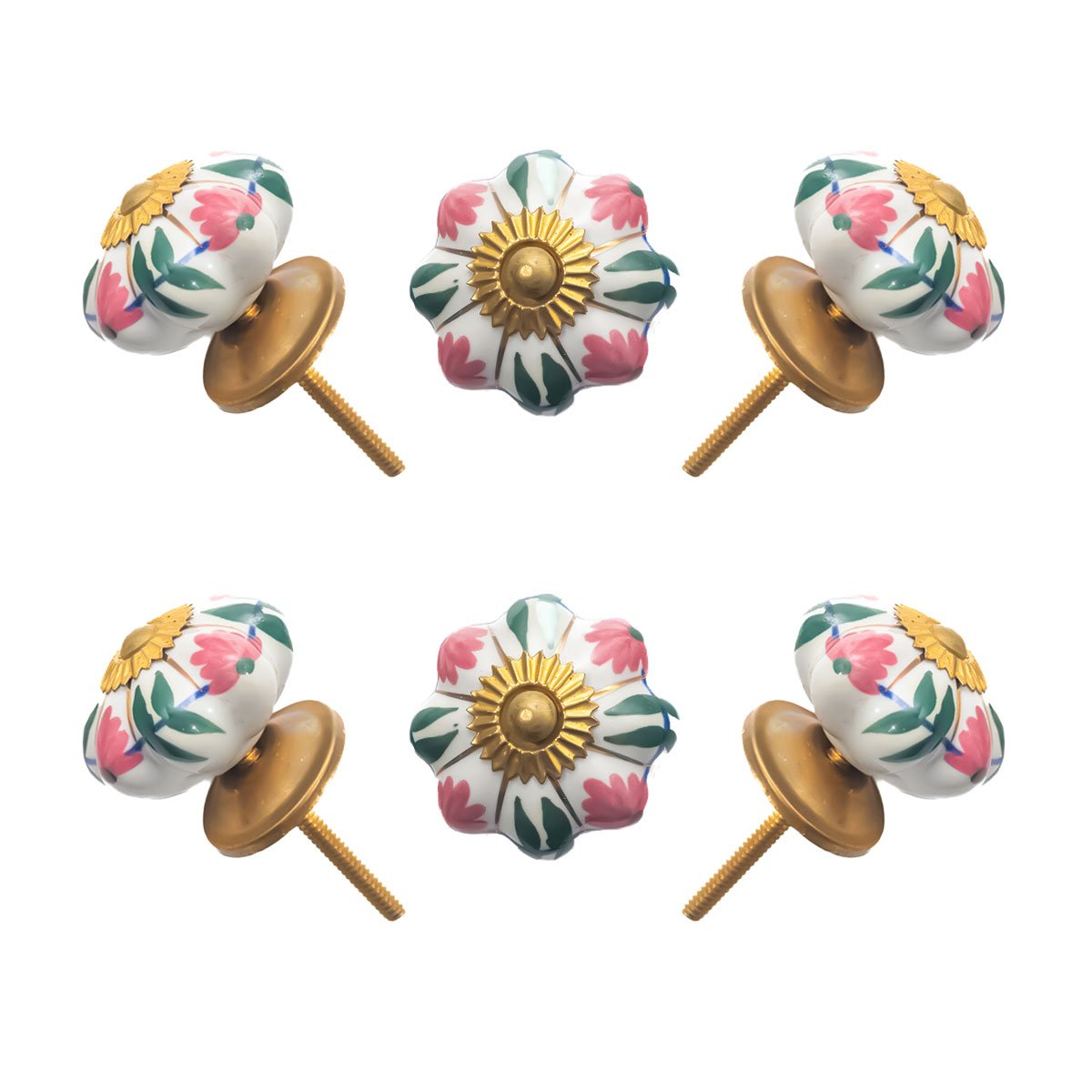Elegant Pink & Green Floral Ceramic Melon Knobs (Pack of 6) – Hand-Painted & Easy Install for Cabinets & Drawers
