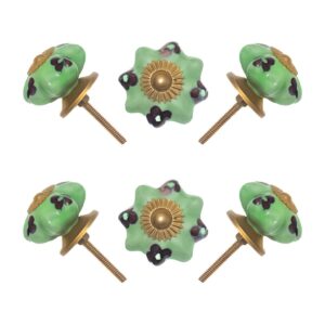 Light Green Floral Ceramic Knobs (Pack of 6) - 1.75 Inch Furniture Pulls by CDNY