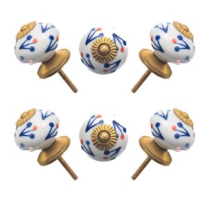 White Ceramic Knobs with Blue Sprigs & Red Dots (Pack of 6) - 1.5 Inch Furniture Pulls by CDNY