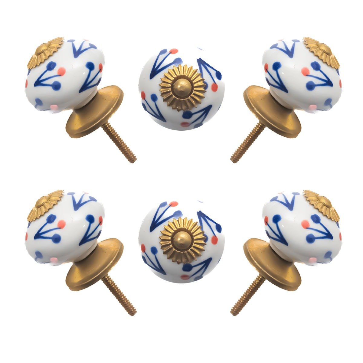 White Ceramic Knobs with Blue Sprigs & Red Dots (Pack of 6) – 1.5 Inch Furniture Pulls by CDNY