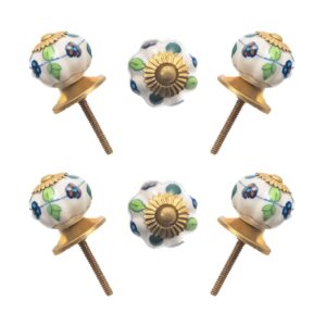 Assorted Multiflowered & Abstract Hand-Painted Ceramic Knobs with Gold Leaf Accents (Set of 6) - 1.5 Inch - CDNY