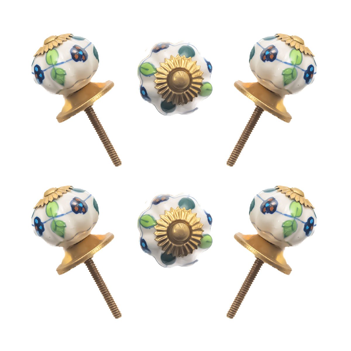 Assorted Multiflowered & Abstract Hand-Painted Ceramic Knobs with Gold Leaf Accents (Set of 6) – 1.5 Inch – CDNY