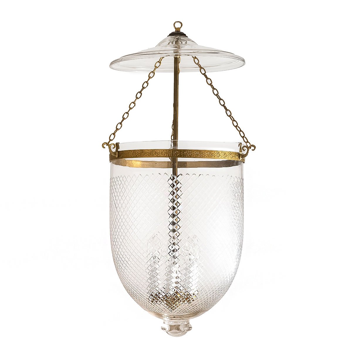 CDNY JUMBO DIAMOND CUT LANTERN: Etched Glass Hanging Chandelier with Antique Brass Finish, 14″ DIA, 33″H, 19.5 JAR