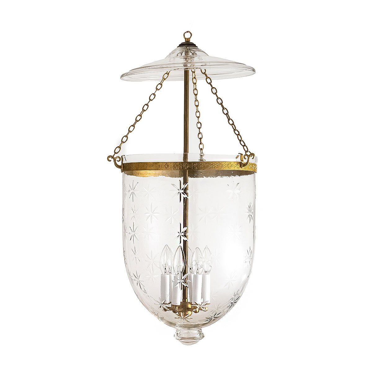 CDNY JUMBO STAR CUT LANTERN: Etched Glass Hanging Chandelier with Antique Brass Finish, 14″ DIA, 33″H, 19.5 JAR
