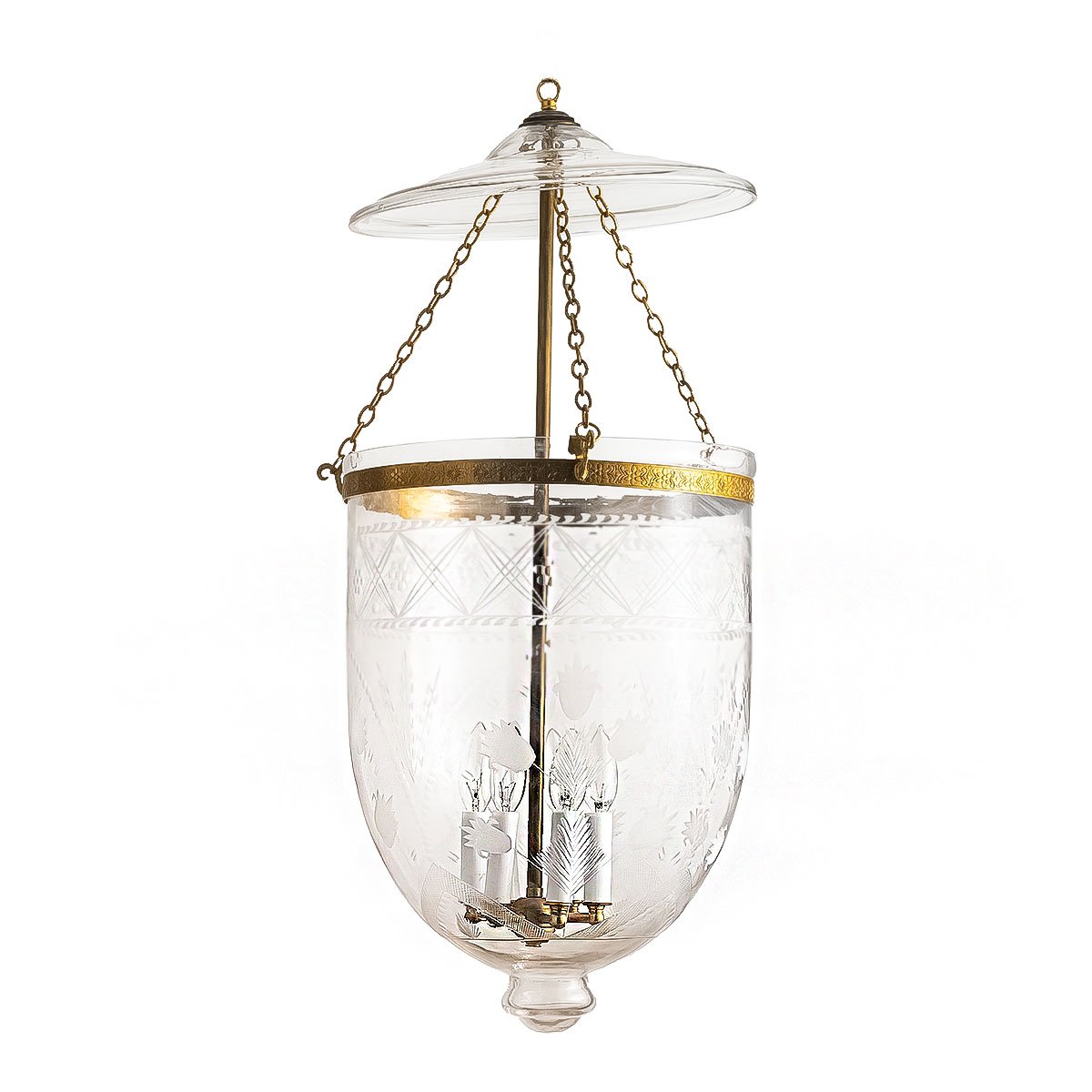 CDNY JUMBO TULIP LANTERN: Etched Glass Hanging Chandelier with Antique Brass Finish, 14″ DIA, 33″H, 19.5 JAR