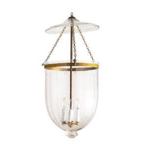 CDNY JUMBO VERTICAL LEAF LANTERN: Etched Glass Hanging Chandelier with Antique Brass Finish, 14" DIA, 33"H, 19.5 JAR