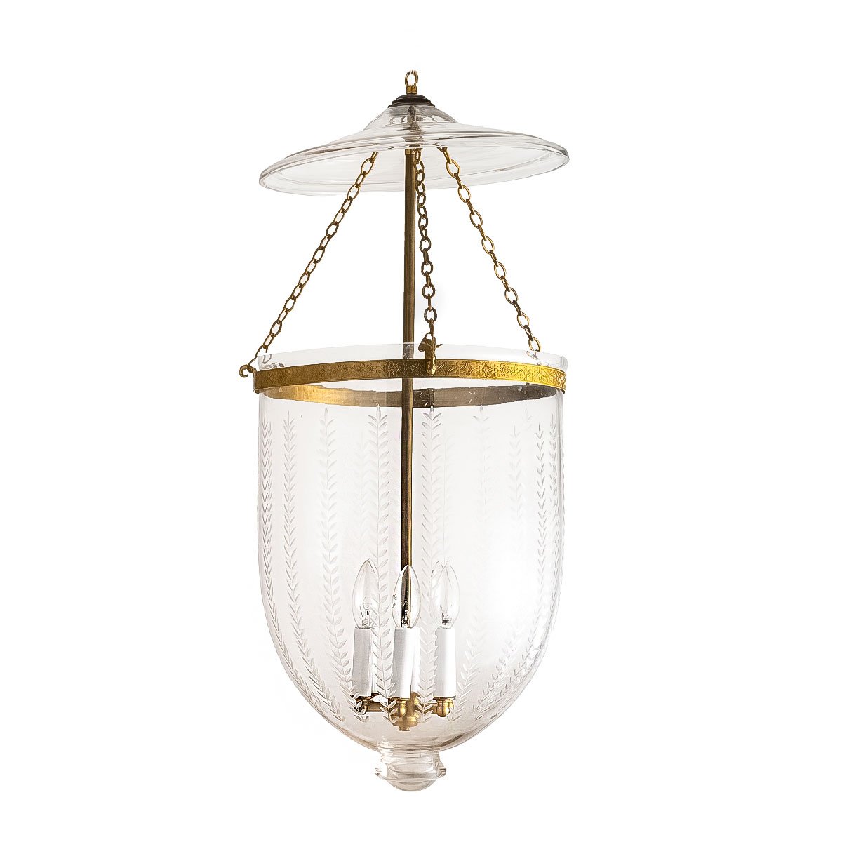 CDNY JUMBO VERTICAL LEAF LANTERN: Etched Glass Hanging Chandelier with Antique Brass Finish, 14″ DIA, 33″H, 19.5 JAR