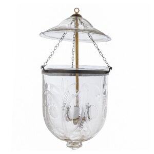 CDNY LG. FLORAL CUT LANTERN: Etched Glass Hanging Chandelier with Brass Finish, H 26", 12" DIA, 15" JAR