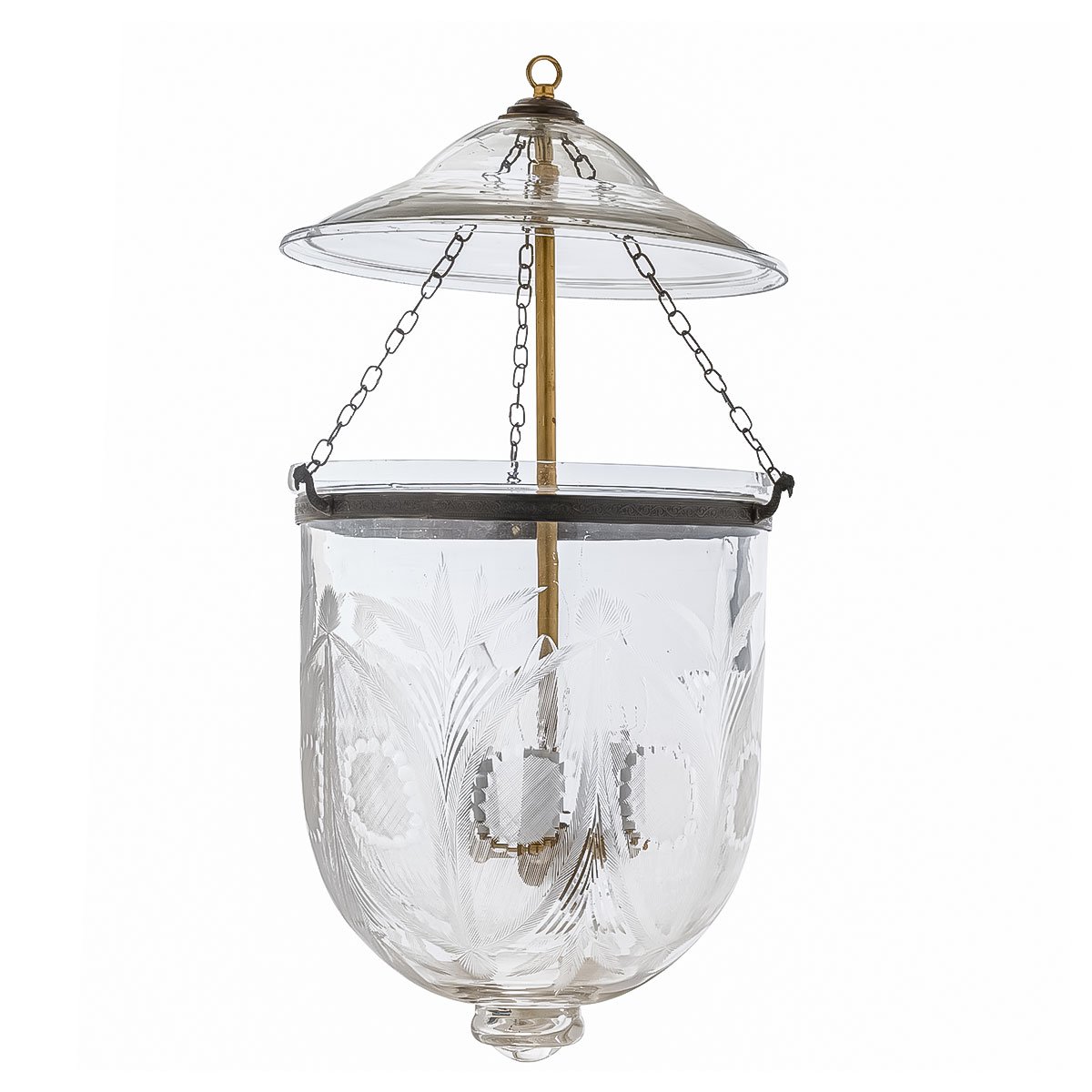 CDNY LG. FLORAL CUT LANTERN: Etched Glass Hanging Chandelier with Brass Finish, H 26″, 12″ DIA, 15″ JAR