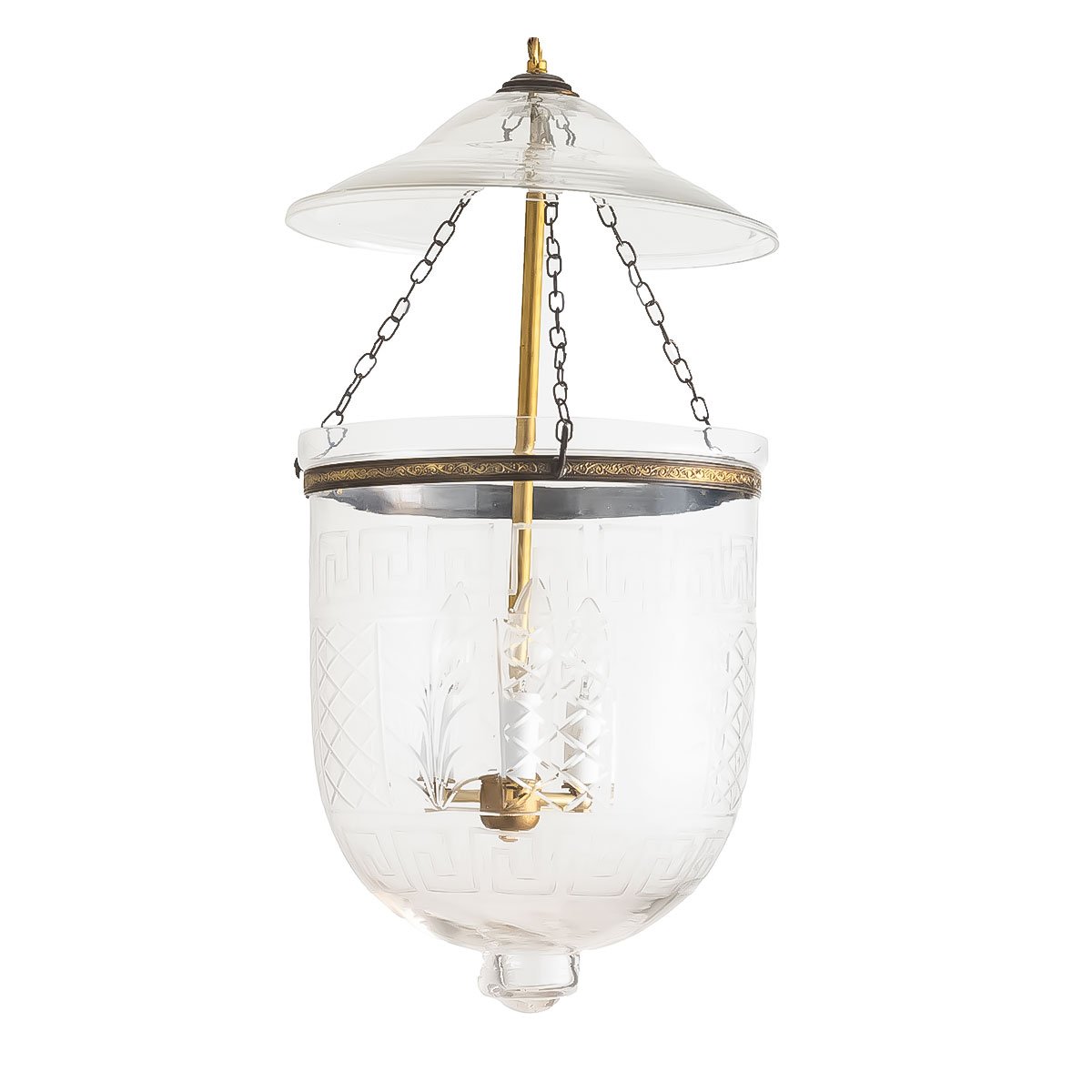 CDNY LG. GREEKKEY W/DESIGN LANTERN: Elegant Etched Glass Hanging Lantern with Brass Finish, H 26″, 12″ DIA, 15″ JAR