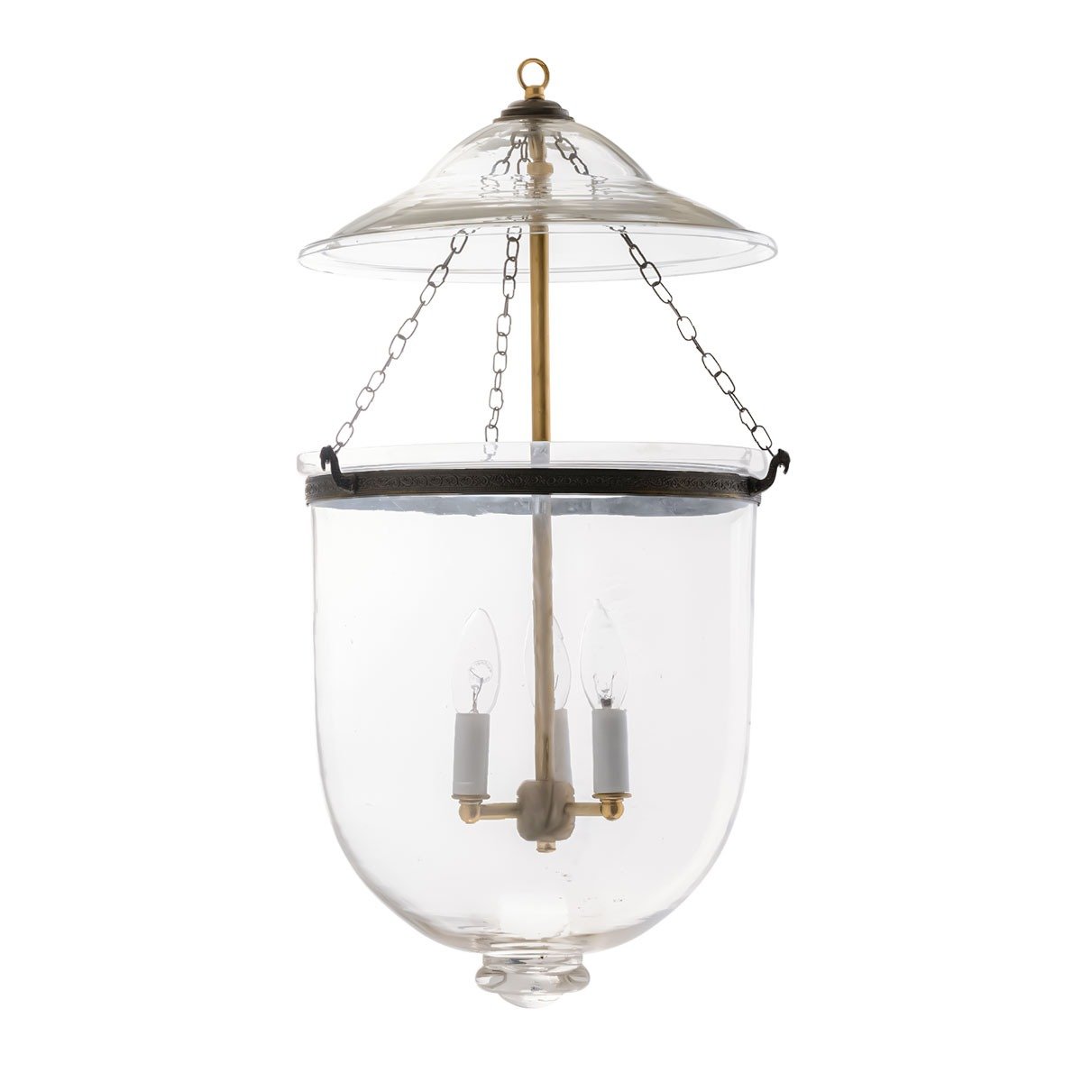CDNY LARGE PLAIN CLEAR LANTERN: Etched Glass Hanging Chandelier with Brass Finish, H 26″, 12″ DIA, 15″ JAR