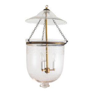 CDNY LARGE PLAIN GREEKKEY LANTERN: Etched Glass Hanging Chandelier with Brass Finish, H 26", 12" DIA, 15" JAR