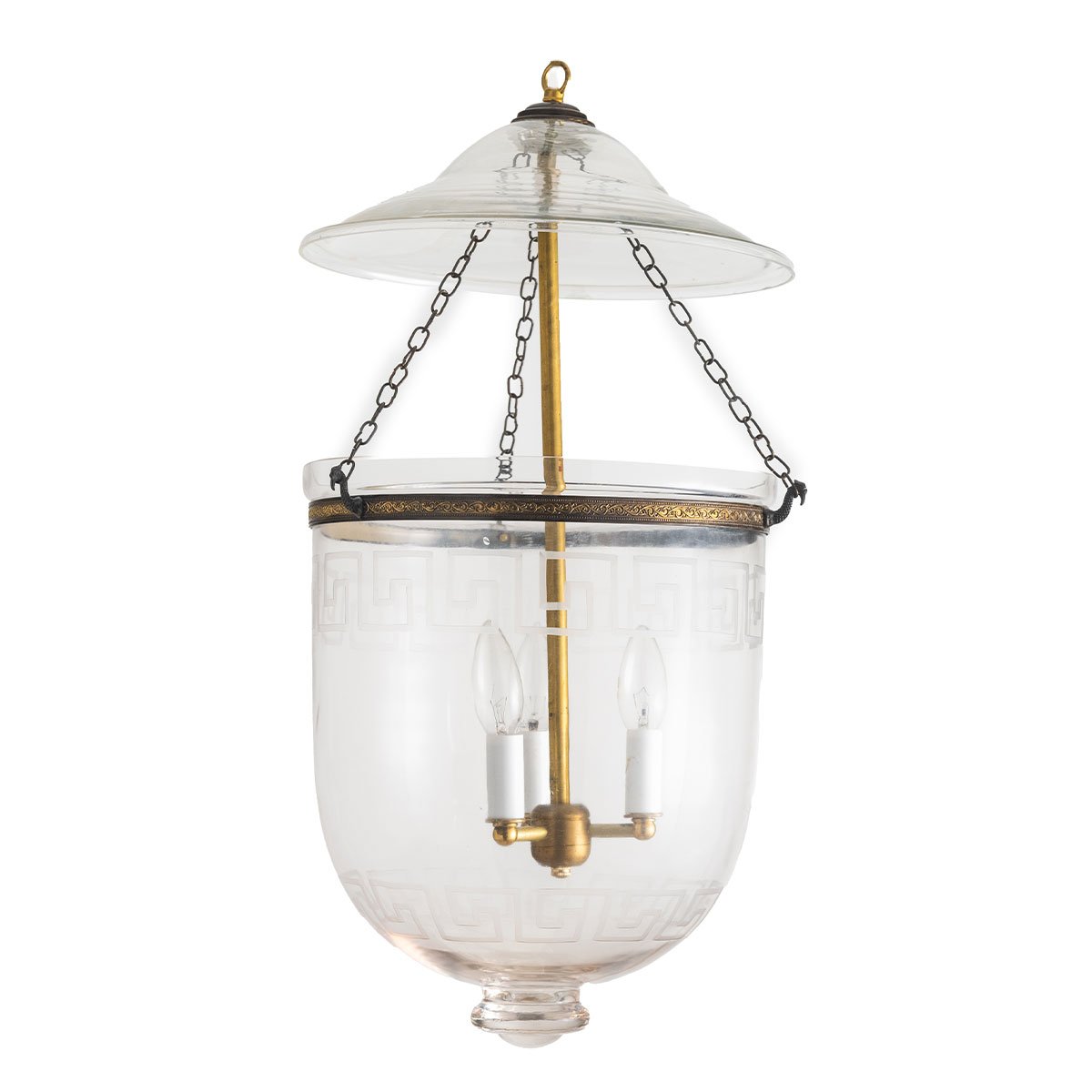 CDNY LARGE PLAIN GREEKKEY LANTERN: Etched Glass Hanging Chandelier with Brass Finish, H 26″, 12″ DIA, 15″ JAR