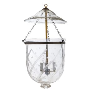 CDNY LARGE STAR FEATHER LANTERN: Etched Glass Hanging Chandelier with Brass Finish, H 26", 12" DIA, 15" JAR