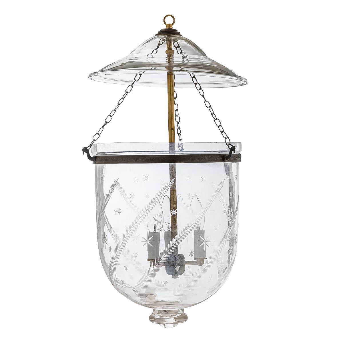 CDNY LARGE STAR FEATHER LANTERN: Etched Glass Hanging Chandelier with Brass Finish, H 26″, 12″ DIA, 15″ JAR