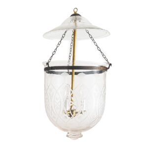 CDNY LARGE STAR FLOWER LANTERN: Etched Glass Hanging Chandelier with Brass Finish, H 26", 12" DIA, 15" JAR