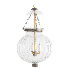 CDNY Large Melon Lantern: Plain Clear Ribbed Glass Hanging Chandelier with Antique Brass Finish, 12" DIA, 21"H, 13" JAR