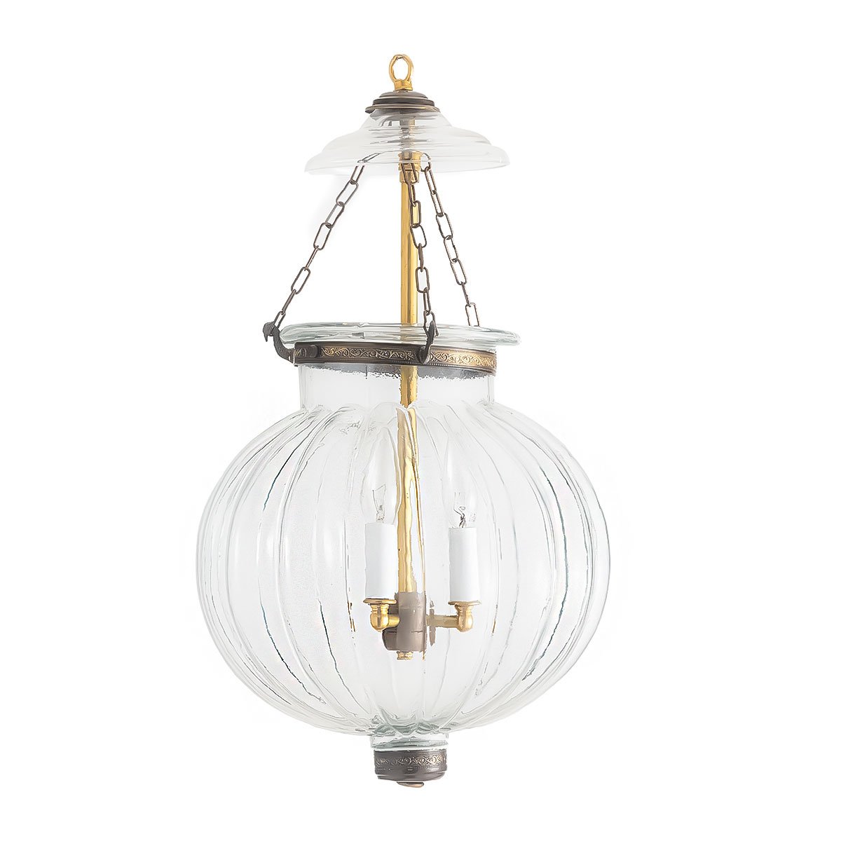 CDNY Large Melon Lantern: Plain Clear Ribbed Glass Hanging Chandelier with Antique Brass Finish, 12″ DIA, 21″H, 13″ JAR