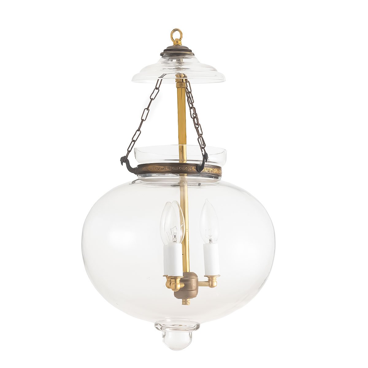 CDNY Large Onion Lantern: Plain Clear Glass Hanging Chandelier with Antique Brass Finish