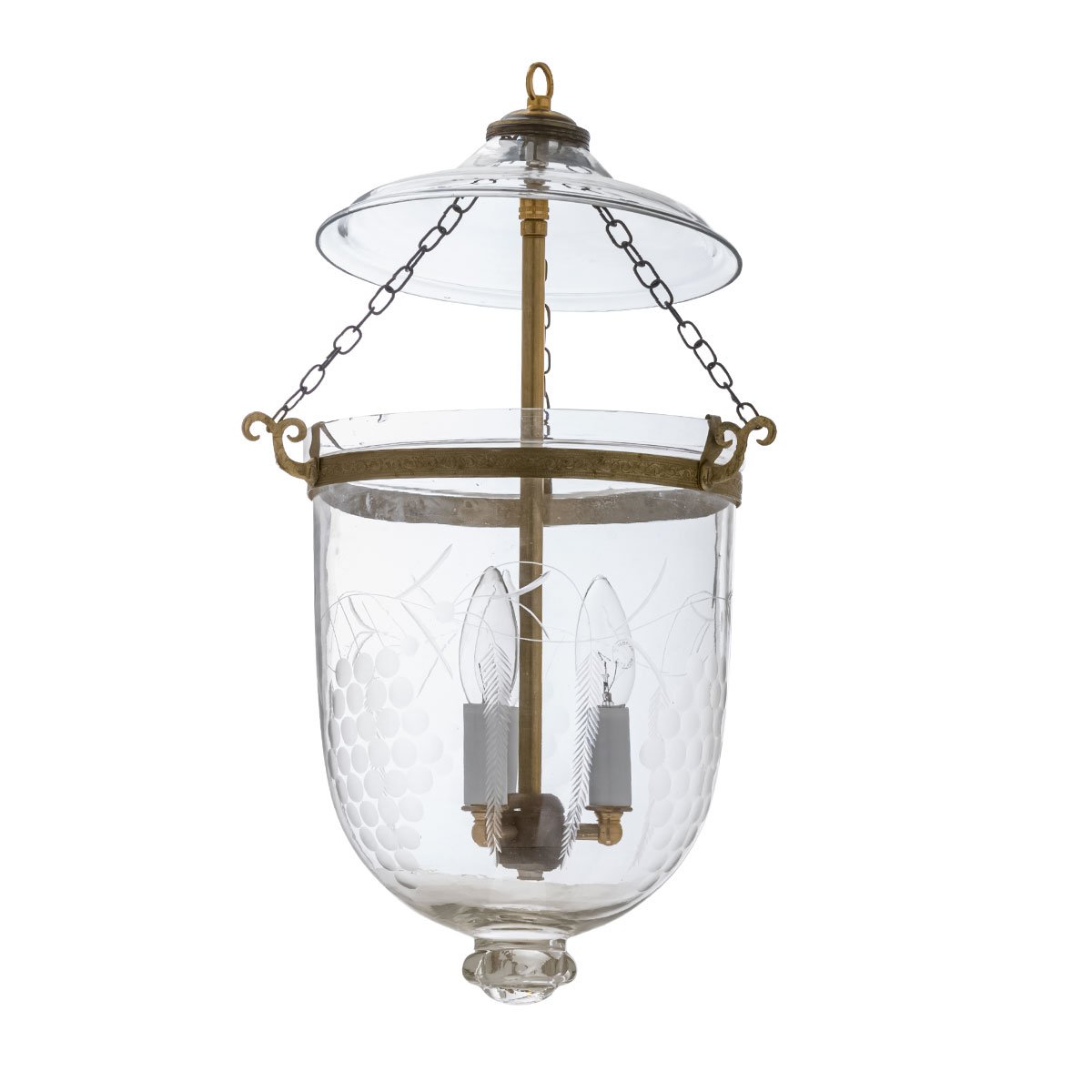 CDNY MED. GRAPES LANTERN: Etched Grapevine Glass Hanging Chandelier with Antique Brass Finish , 9″ DIA, H 21″ JAR 10.5″