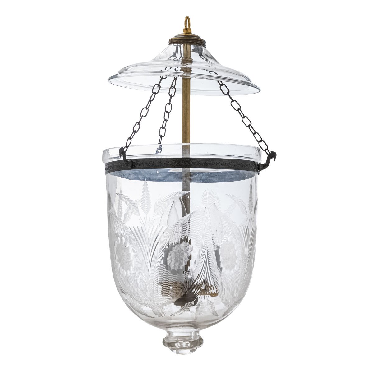 CDNY MED. FLORAL CUT LANTERN: Ornate Cut Glass Hanging Chandelier with Antique Brass Finish, 9″ DIA, H 21″ JAR 10.5″