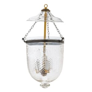 CDNY MED. GREEKEY W/DESIGN LANTERN: Etched Greek Key & Geometric Glass Hanging Chandelier with Antique Brass Finish, 9" DIA, H 21" JAR 10.5"