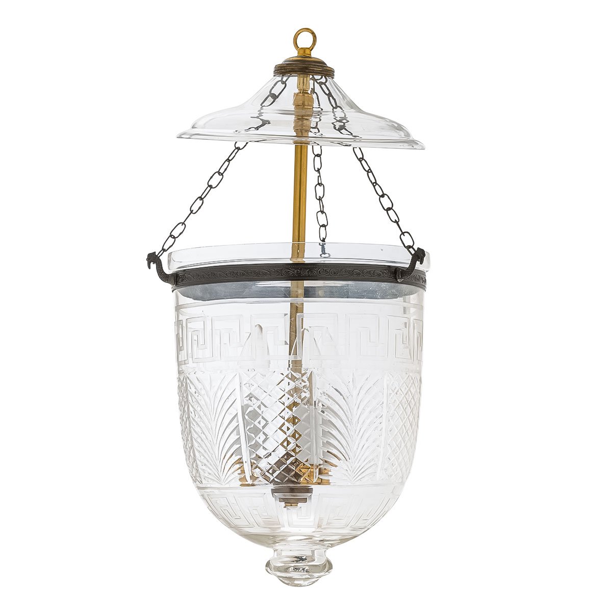 CDNY MED. GREEKEY W/DESIGN LANTERN: Etched Greek Key & Geometric Glass Hanging Chandelier with Antique Brass Finish, 9″ DIA, H 21″ JAR 10.5″