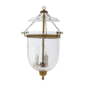 CDNY MED. PALM TREE LANTERN: Tropical Etched Glass Hanging Chandelier with Antique Brass Finish, 9" DIA, H 21" JAR 10.5"