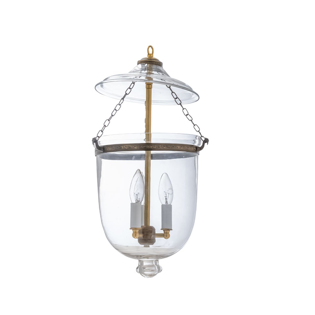 CDNY MEDIUM. PLAIN CLEAR LANTERN: Classic Smooth Glass Hanging Chandelier with Antique Brass Finish, 9″ DIA, H 21″ JAR 10.5″