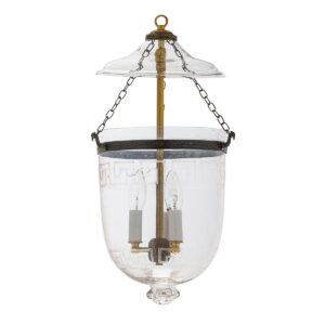 CDNY MEDIUM PLAIN GREEK KEY LANTERN: Classic Etched Greek Key Band Glass Hanging Chandelier with Antique Brass Finish, 9" DIA, H 21" JAR 10.5"