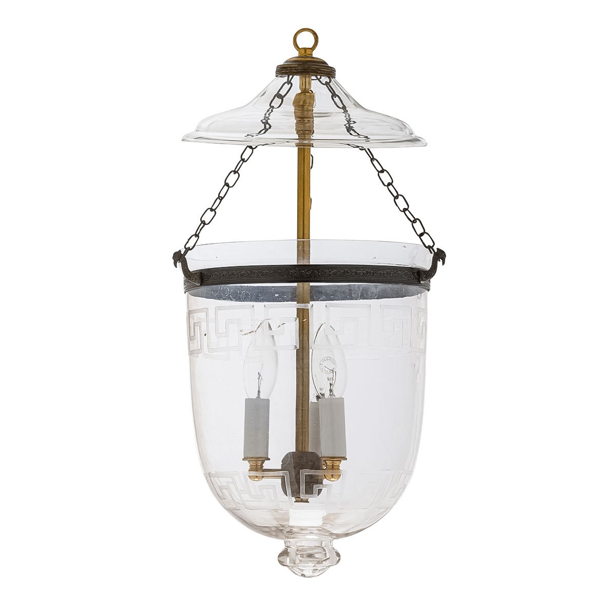 CDNY MEDIUM PLAIN GREEK KEY LANTERN: Classic Etched Greek Key Band Glass Hanging Chandelier with Antique Brass Finish, 9″ DIA, H 21″ JAR 10.5″