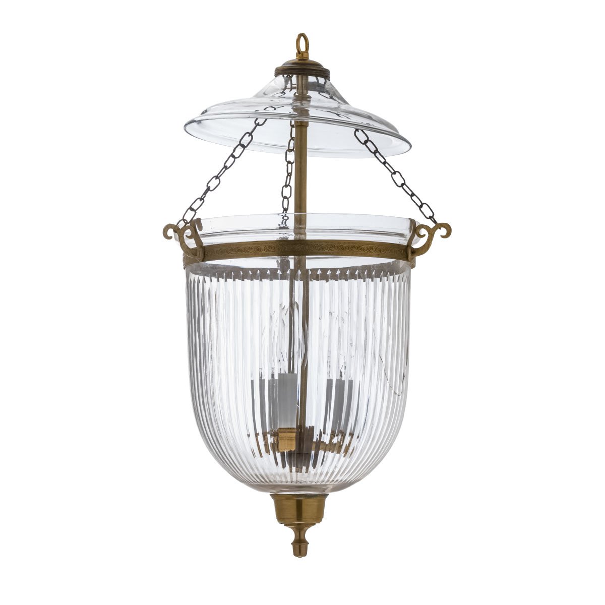 CDNY MEDIUM PRISMATIC LANTERN: Elegant Fluted Glass Hanging Chandelier with Antique Brass Finish, 9″ DIA, H 21″ JAR 10.5″