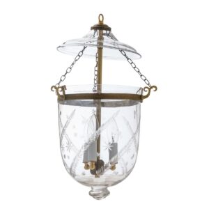 CDNY MEDIUM STAR FEATHER LANTERN: Elegantly Etched Glass Hanging Chandelier with Antique Brass Finish, 9" DIA, H 21" JAR 10.5"