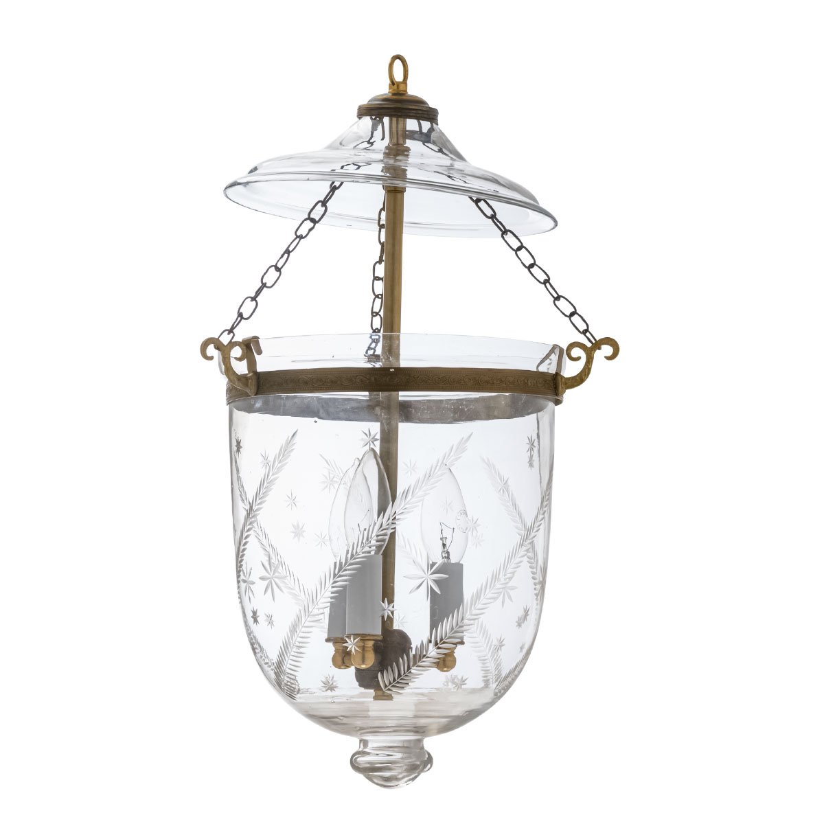 CDNY MEDIUM STAR FEATHER LANTERN: Elegantly Etched Glass Hanging Chandelier with Antique Brass Finish, 9″ DIA, H 21″ JAR 10.5″